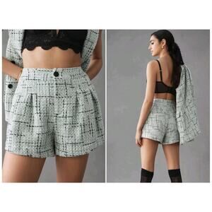 Maeve Anthropologie Women High Rise Green Tweed Pleated Shorts Size 2